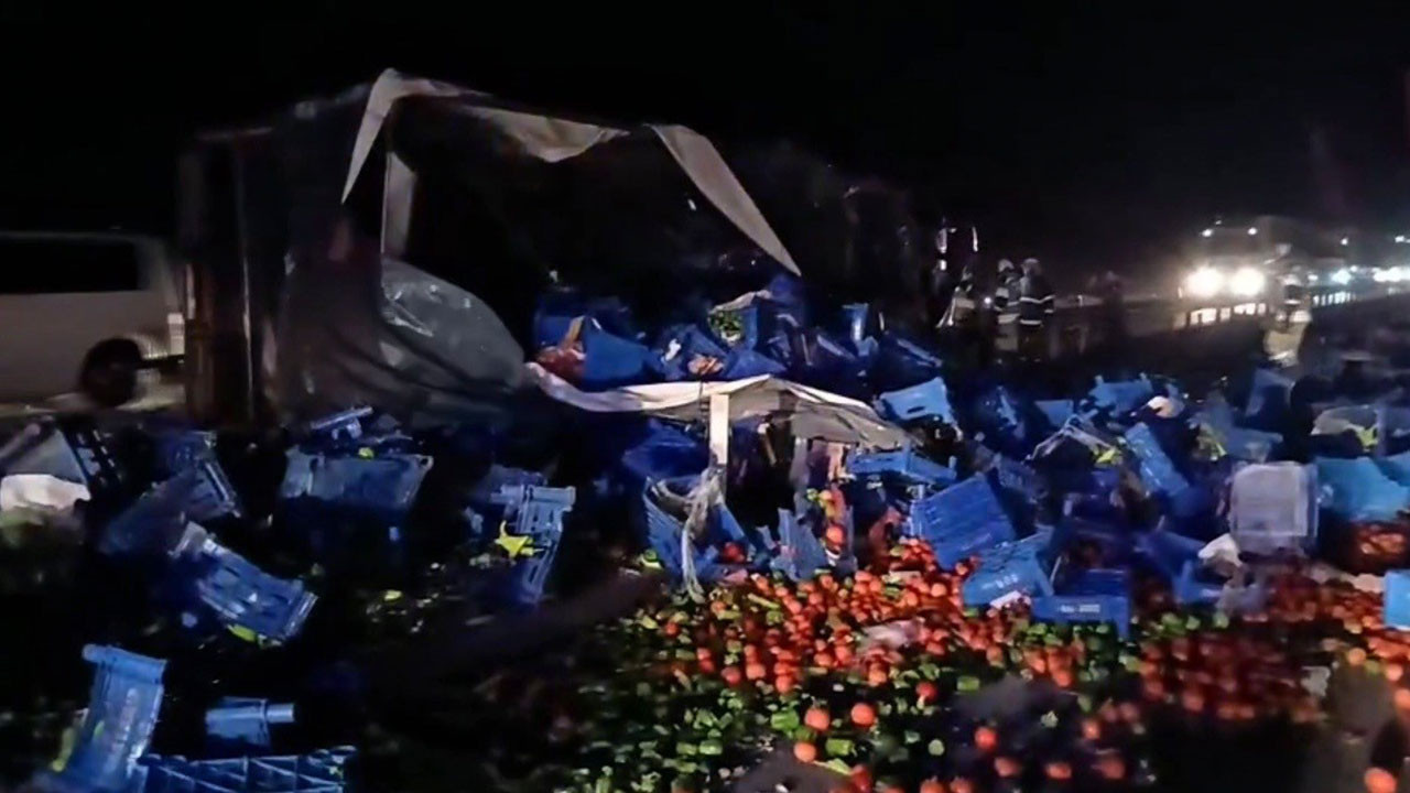 Kütahya-Eskişehir karayolunda meyve yüklü tır devrildi