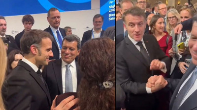 Macron ile YPG elebaşı Mazlum Abdi Almanya’da kucaklaştı