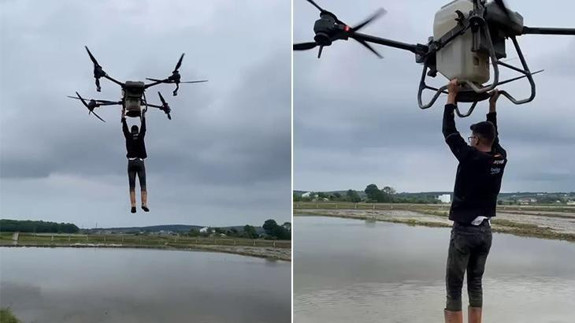 Samsun'da tehlikeli yolculuk! Drona asılıp uçtu
