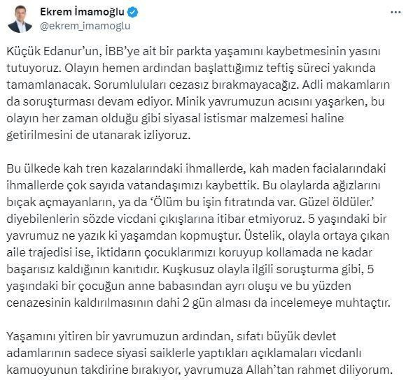 İmamoğlu'ndan "Edanur" paylaşımı: Sorumluları cezasız bırakmayacağız - Resim : 1