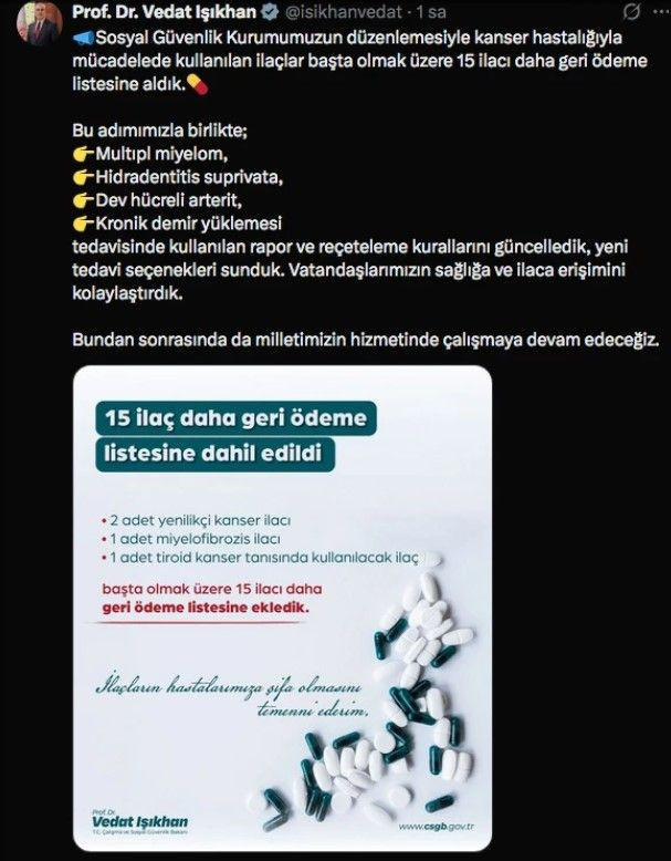 15 ilaç daha geri ödeme listesine alındı! Bakan Vedat Işıkhan duyurdu - Resim : 1