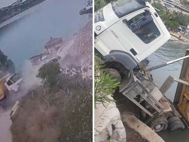 Facianın eşiğinden dönüldü! Hafriyat kamyonu deniz kıyısında asılı kaldı