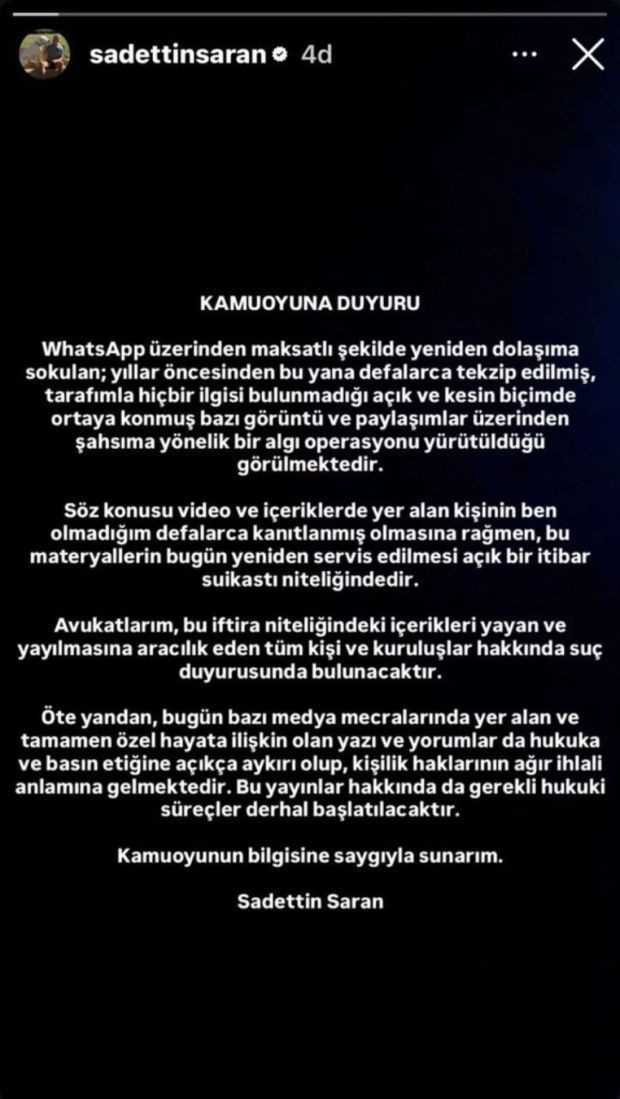 Sadettin Saran’dan "Açık bir itibar suikastı” paylaşımı - Resim : 1