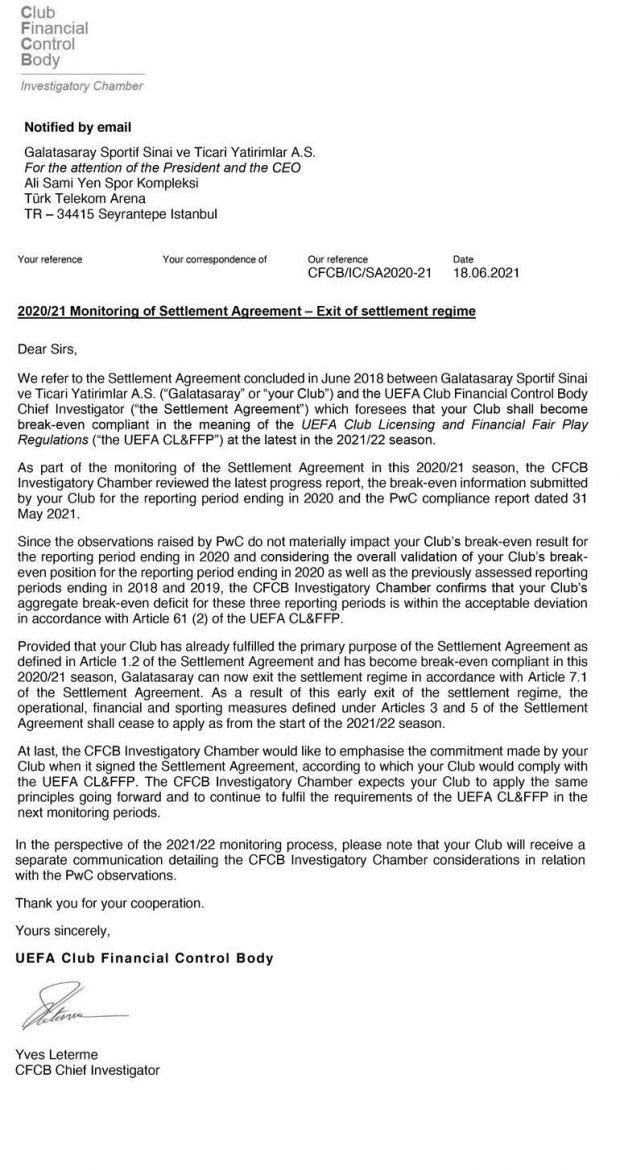 Galatasaray'a Finansal Fair Play (FFP) müjdesi - Resim : 1