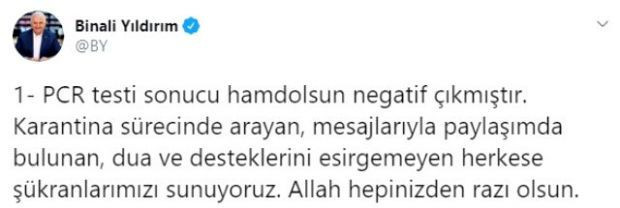 Binali Yıldırım ve eşi koronavirüsü yendi - Resim : 1