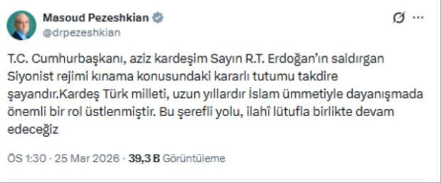 Pezeşkiyan'dan Cumhurbaşkanı Erdoğan'a T&uuml;rk&ccedil;e mesaj: İsrail hakkında kullandığı ifadeler dikkat &ccedil;ekti! - Resim : 1