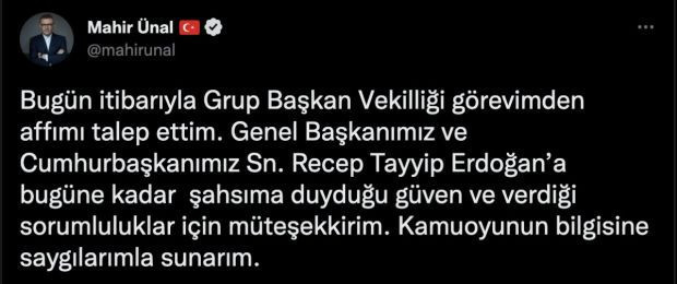 AK Parti Grup Başkanvekili Mahir Ünal, görevinden istifa etti - Resim : 1