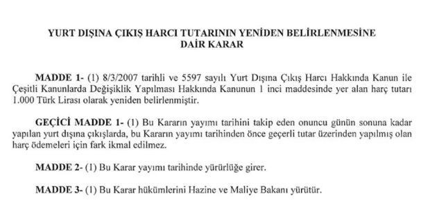 Yurt dışına çıkış harcı 1000 TL'ye yükseltildi - Resim : 1