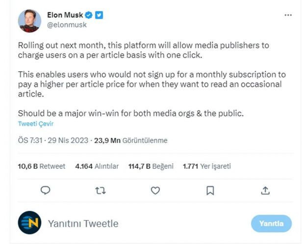 Elon Musk duyurdu: Medya kuruluşları Twitter’da haber başına ücret alabilecek - Resim : 1