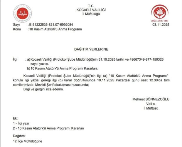 Kocaeli'de Atatürk'ün ölüm yıldönümü için mevlit okutulacak - Resim : 1