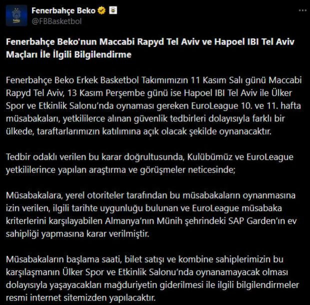 Fenerbahçe Beko'nun oynayacağı 2 maçın yeri değişti - Resim : 1
