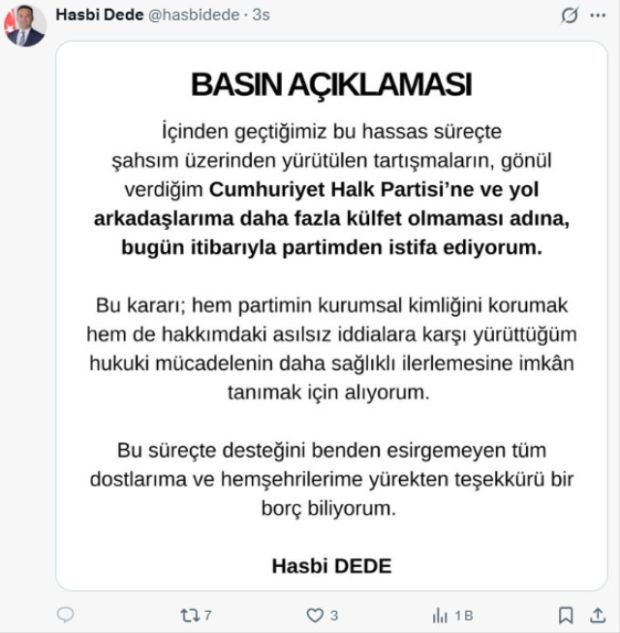CHP'den ihra&ccedil; edilen Hasbi Dede partisinden istifa etti - Resim : 1