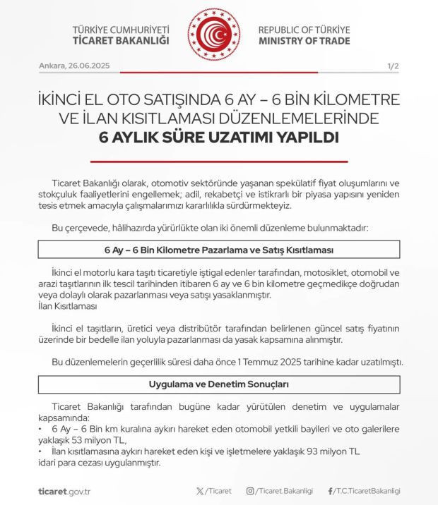 İkinci el araçta 6 ay, 6 bin kilometre ve ilan kısıtlaması 2026’ya uzatıldı - Resim : 1