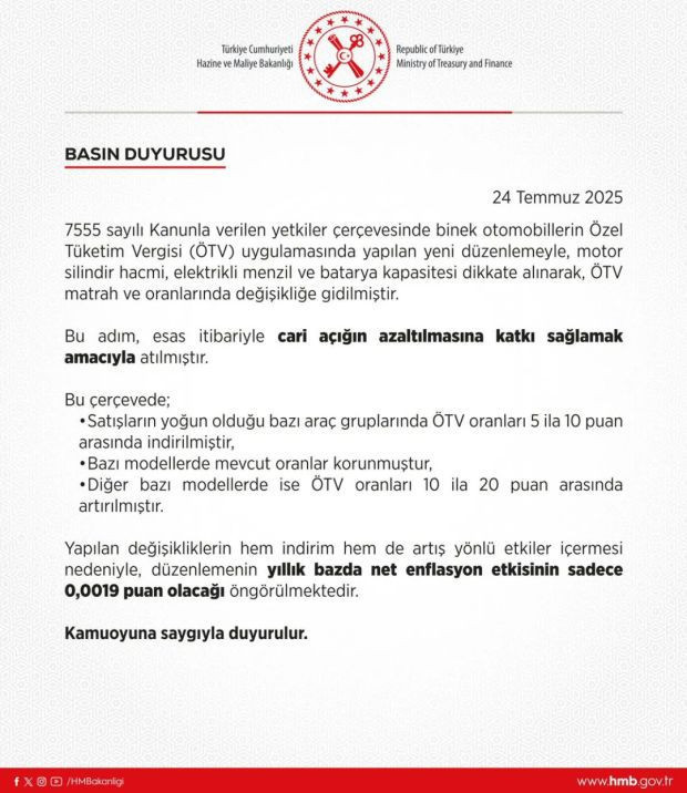 Hazine Bakanlığı: ÖTV düzenlemesinin amacı cari açığı azaltmak - Resim : 1