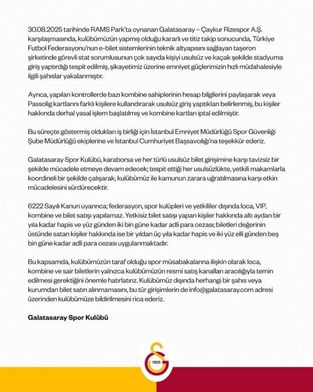 Galatasaray'dan usulsüz seyirci açıklaması - Resim : 1