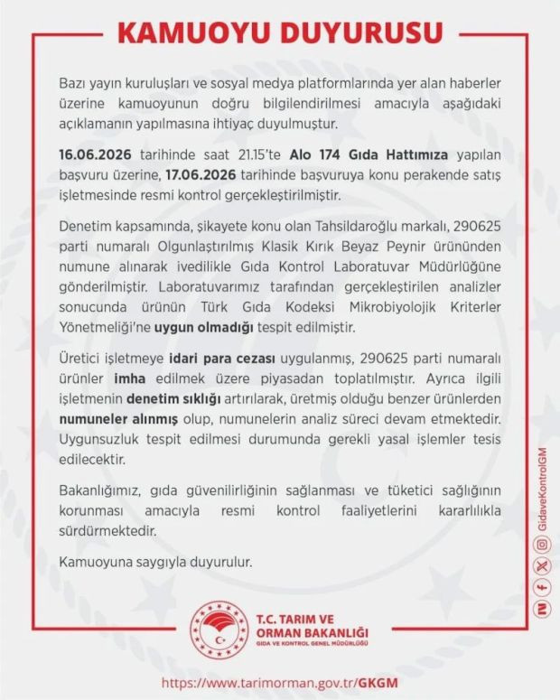 Tarım Bakanlığı açıkladı! Tahsildaroğlu peynirleri için toplatma kararı - Resim : 1