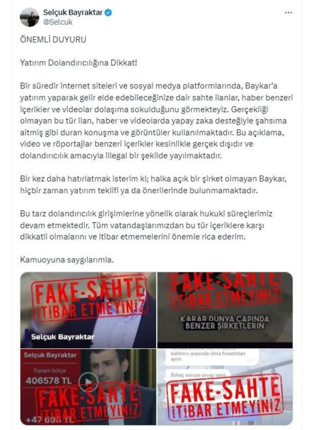 Selçuk Bayraktar'dan dolandırıcılık uyarısı - Resim : 1