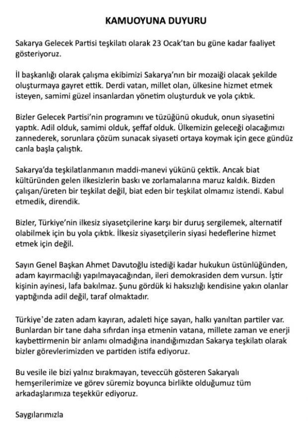 Gelecek Partisi Sakarya Teşkilatı'nda toplu istifa: Biat eden bir teşkilat olmamız istendi - Resim : 2