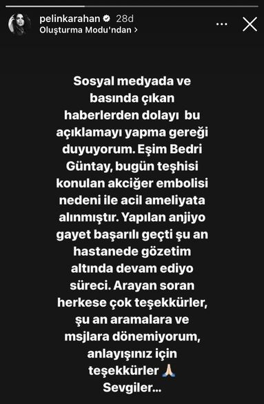 Pelin Karahan'dan eşi Bedri Güntay'ın sağlık durumuna ilişkin paylaşım - Resim : 1
