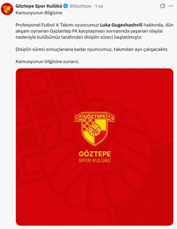 Göztepe duyurdu: Luka Gugeshashvili hakkında disiplin süreci başlatıldı - Resim : 2