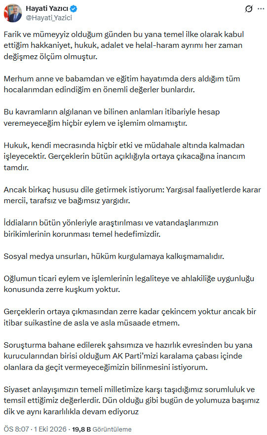 Fon soruşturmasında oğlunun adı geçiyordu... AK Parti Genel Başkan Yardımcısı Hayati Yazıcı'dan açıklama - Resim : 1