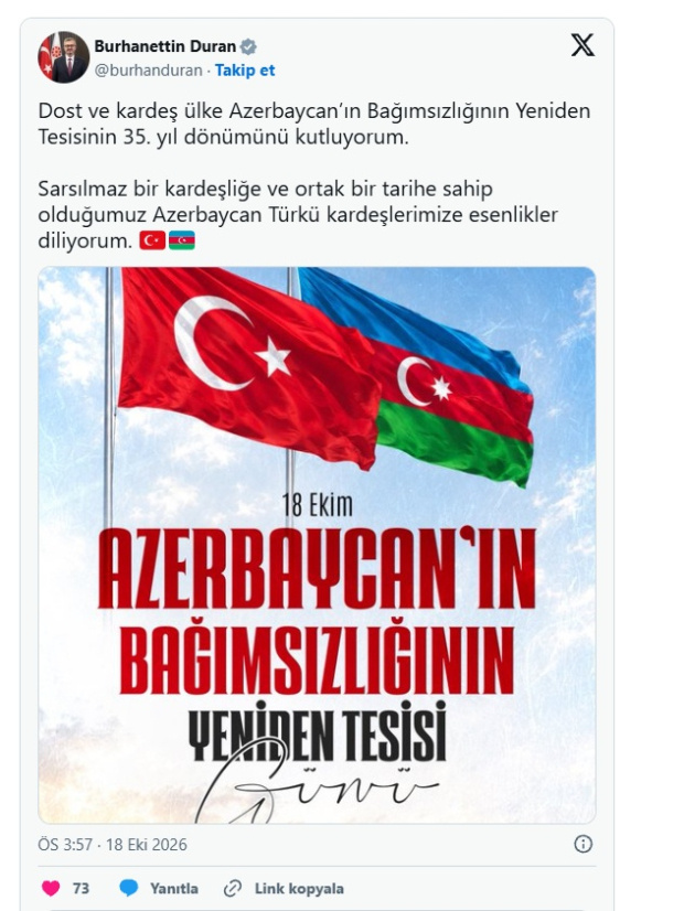 İletişim Başkanı Duran, Azerbaycan'ın bağımsızlık yıl dönümünü kutladı - Resim : 1