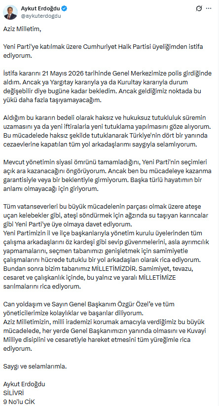 Silivri'den duyurdu: Aykut Erdoğdu CHP'den istifa etti, YENİ Parti'ye katılıyor - Resim : 2