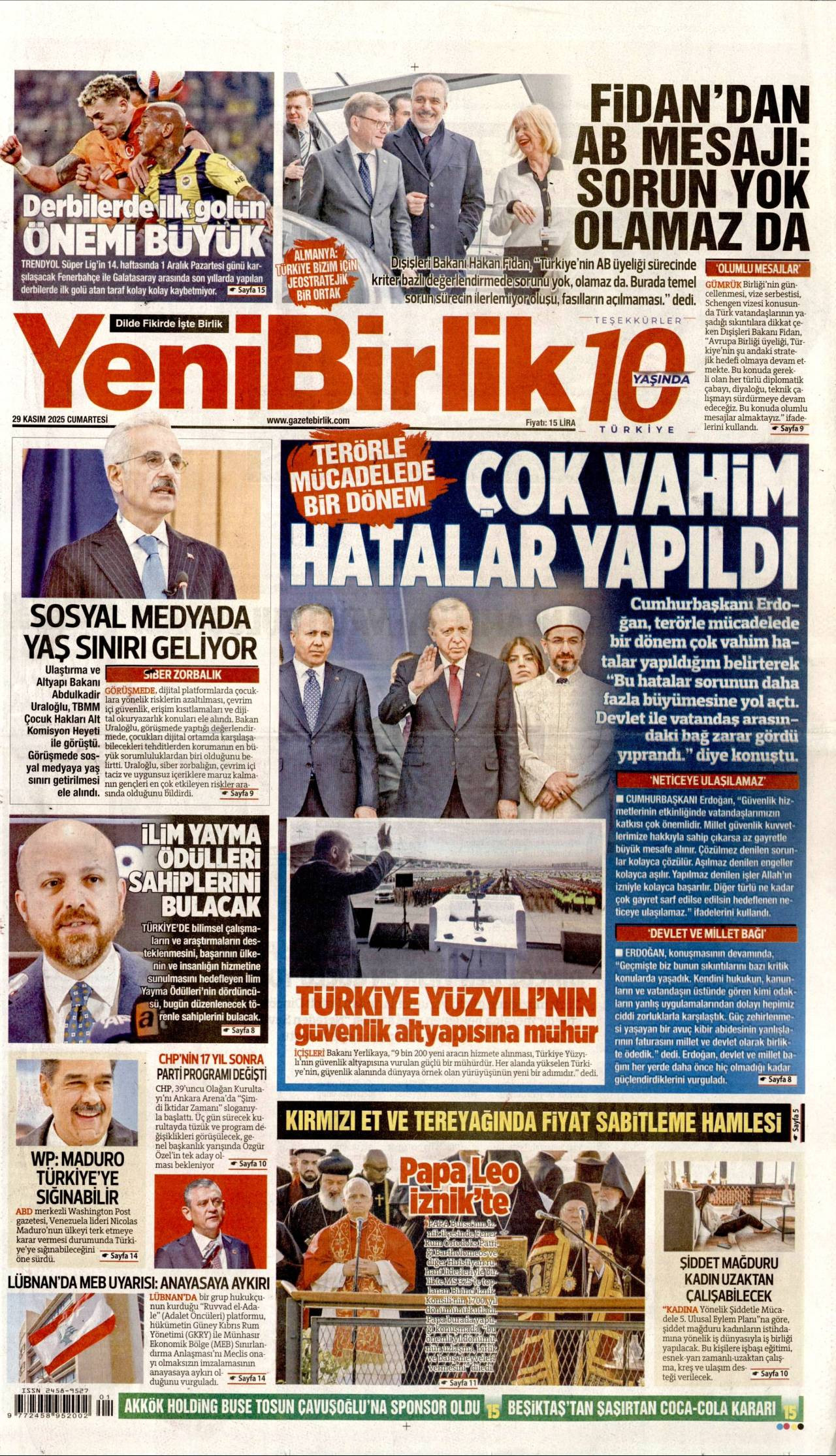 Yeni Birlik gazete manşeti 29 Kasım 2025 Cumartesi