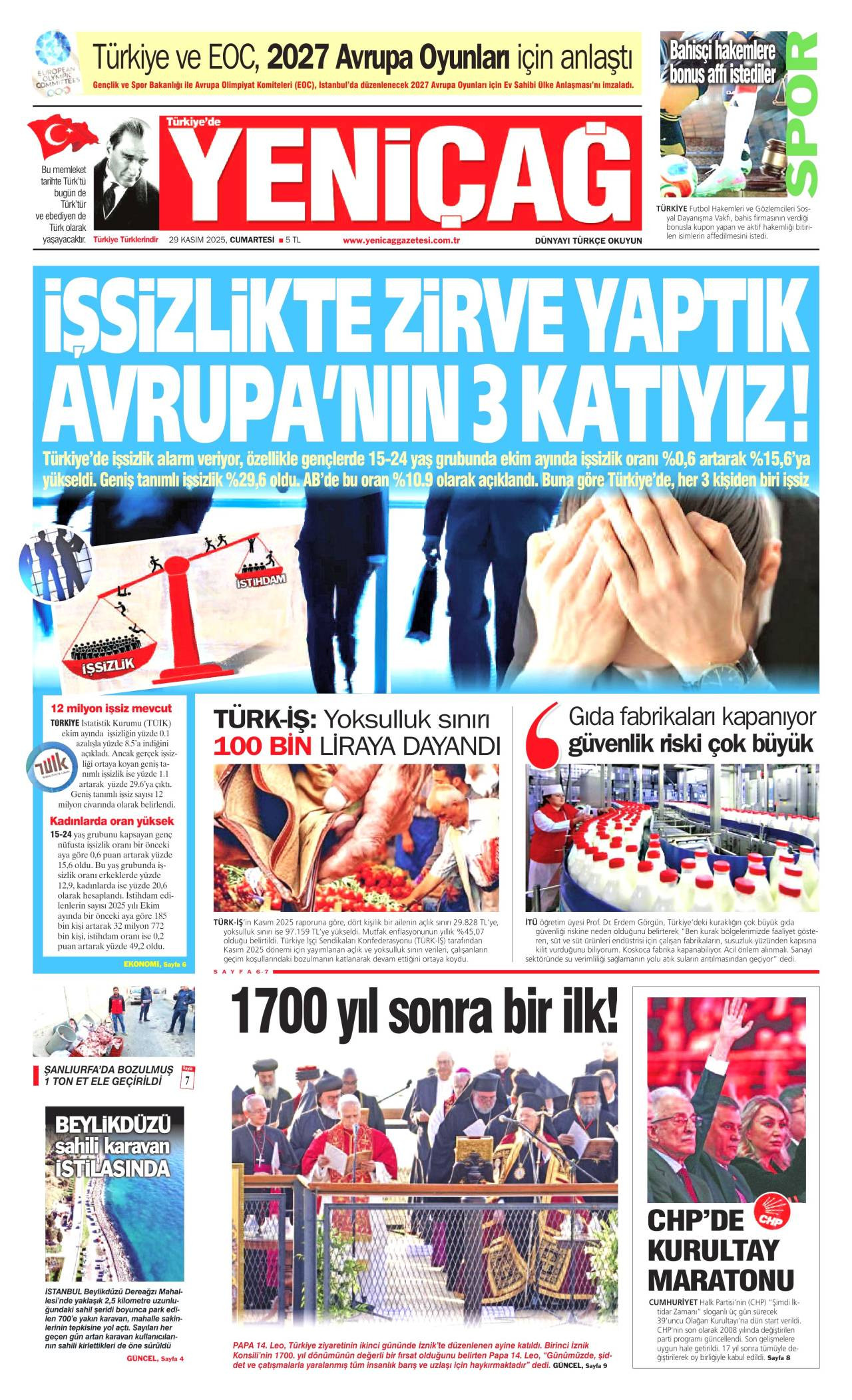 Yeniçağ gazete manşeti 29 Kasım 2025 Cumartesi