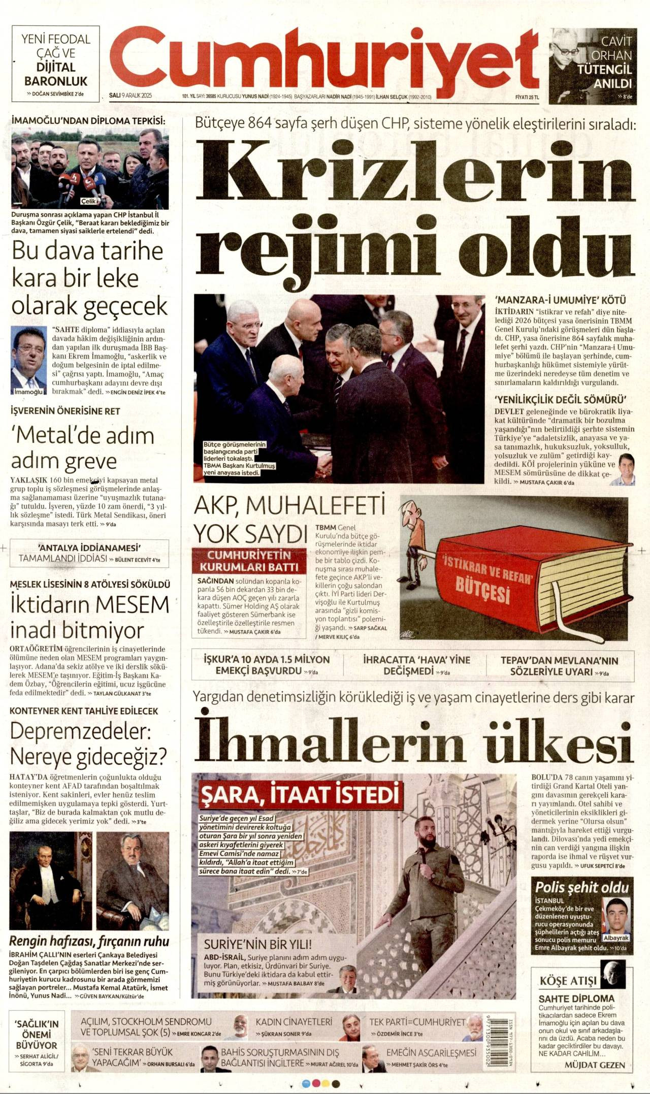 Cumhuriyet gazete manşeti 09 Aralık 2025 Salı