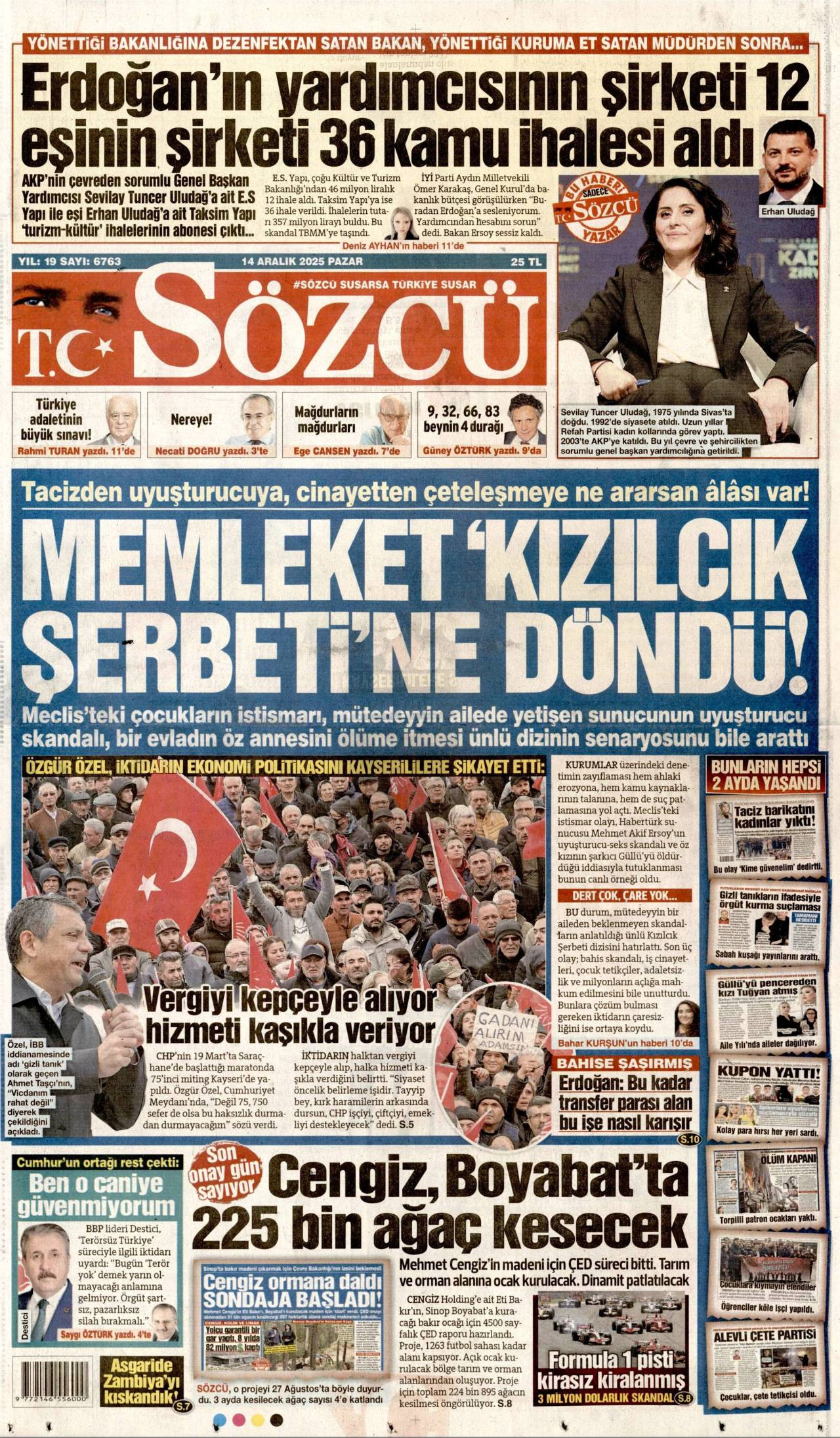 Sözcü gazete manşeti 14 Aralık 2025 Pazar