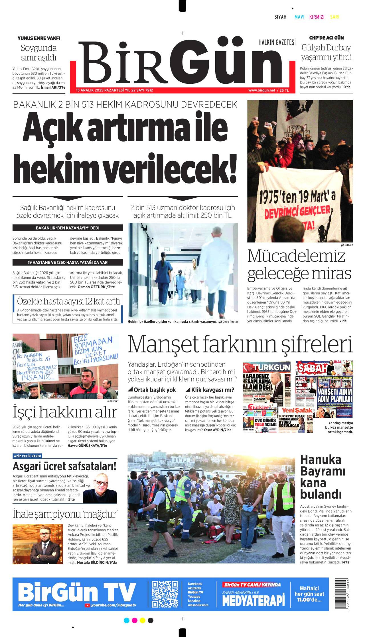 Birgün gazete manşeti 15 Aralık 2025 Pazartesi