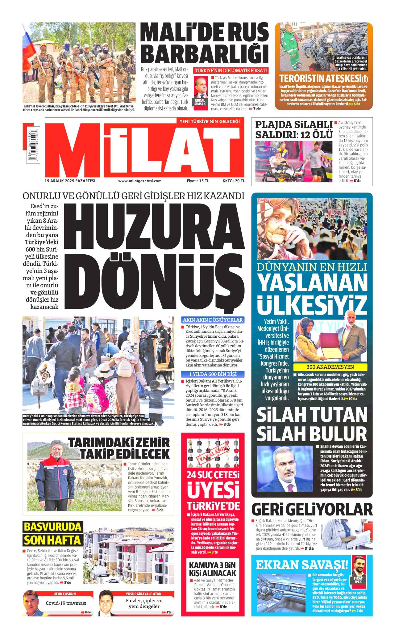 Milat gazete manşeti 15 Aralık 2025 Pazartesi