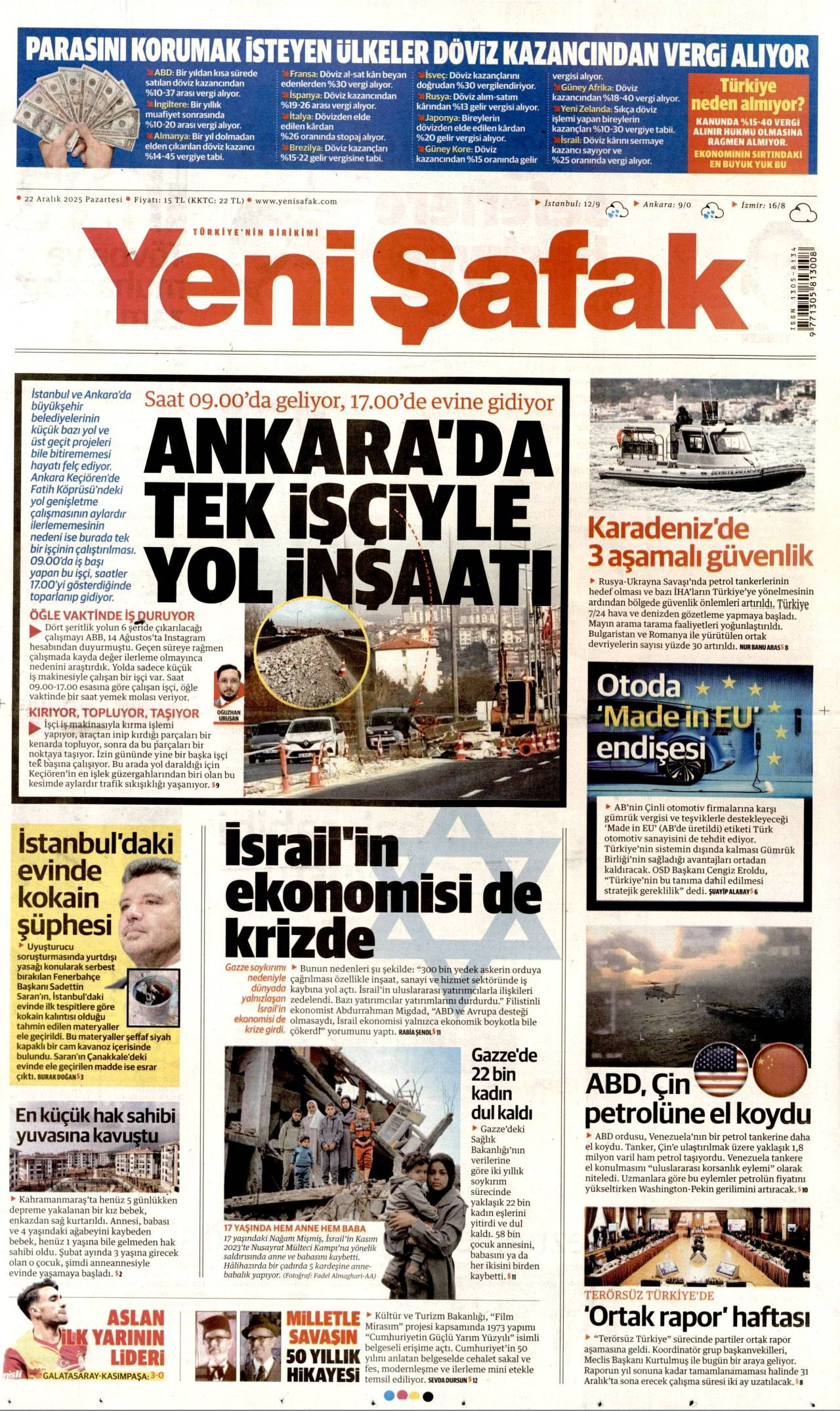 Yeni Şafak gazete manşeti 22 Aralık 2025 Pazartesi