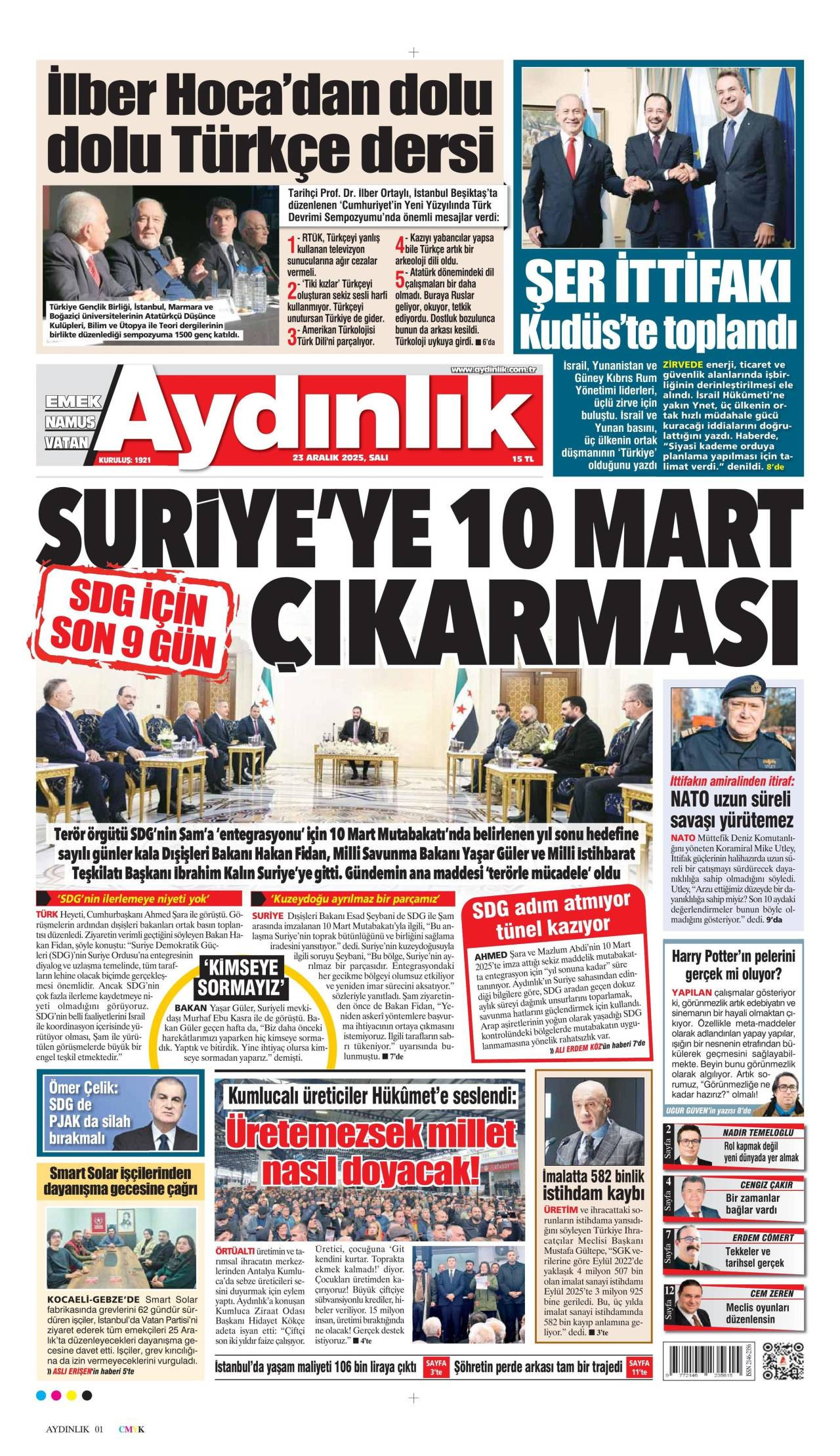 Aydınlık gazete manşeti 23 Aralık 2025 Salı