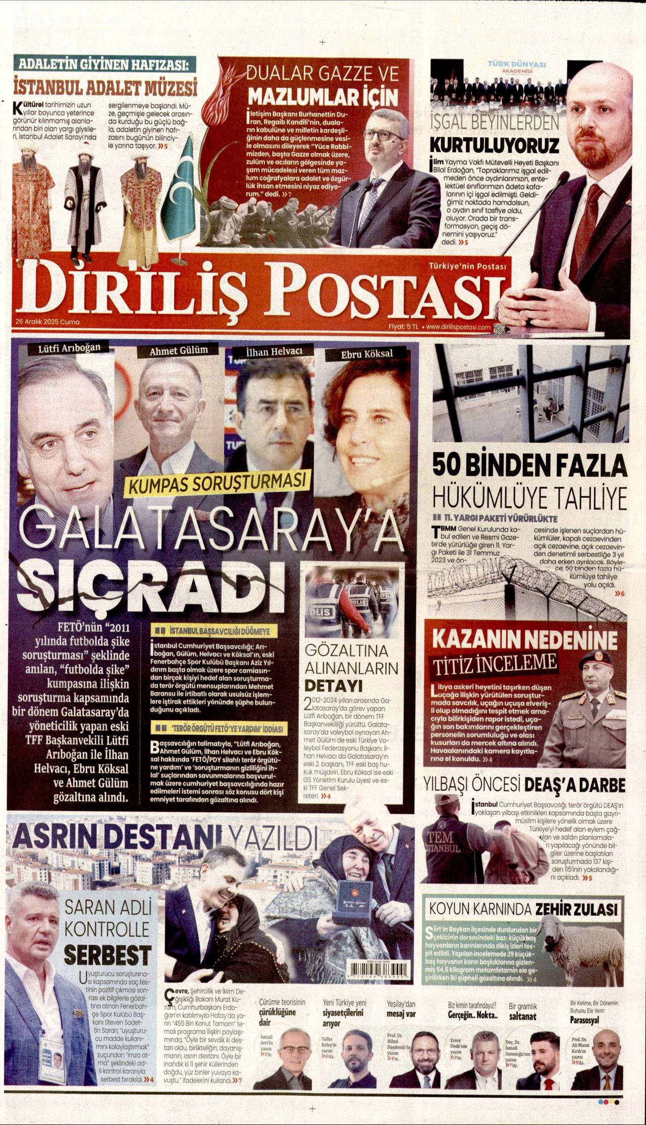 Diriliş Postası gazete manşeti 27 Aralık 2025 Cumartesi