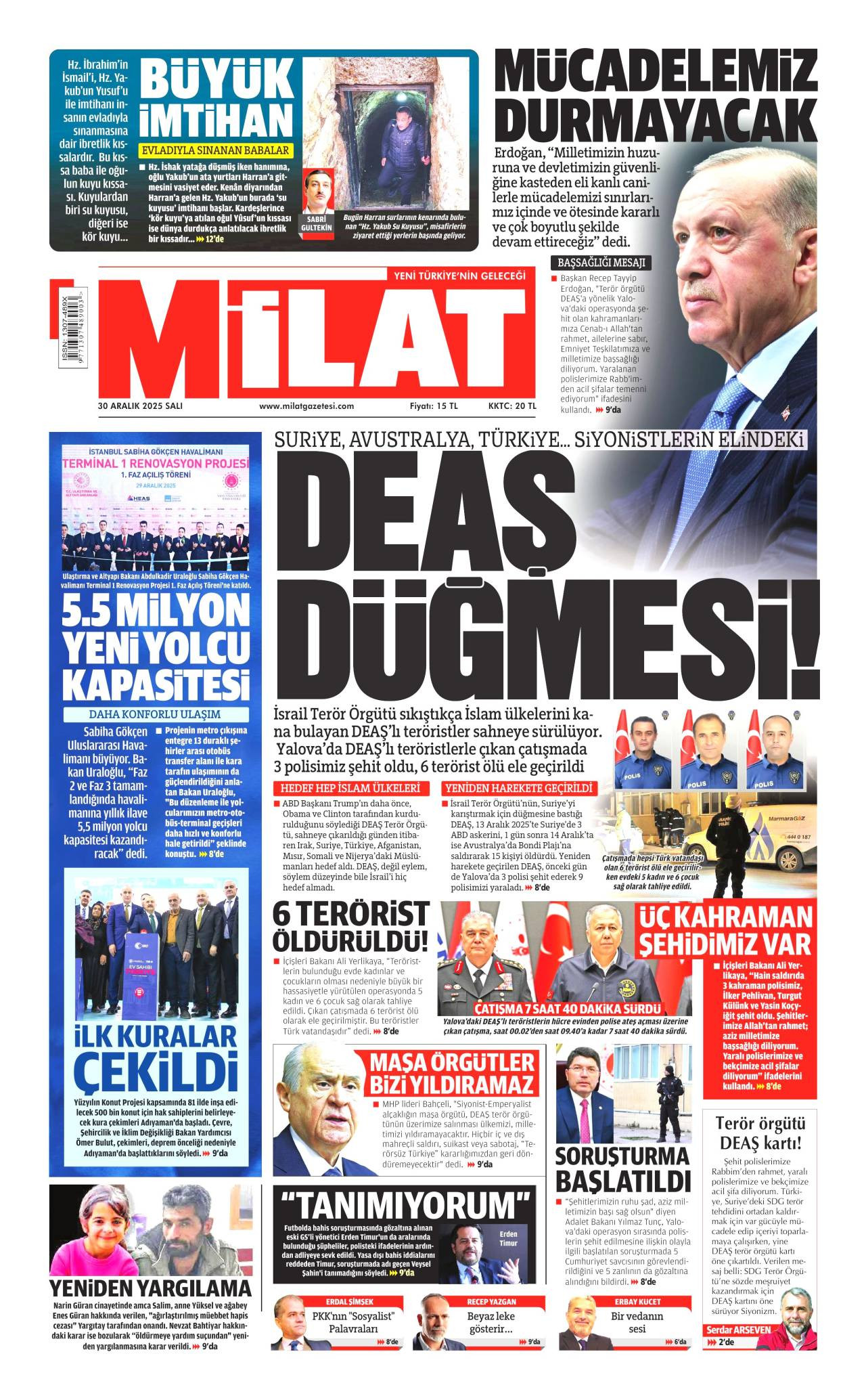 Milat gazete manşeti 30 Aralık 2025 Salı