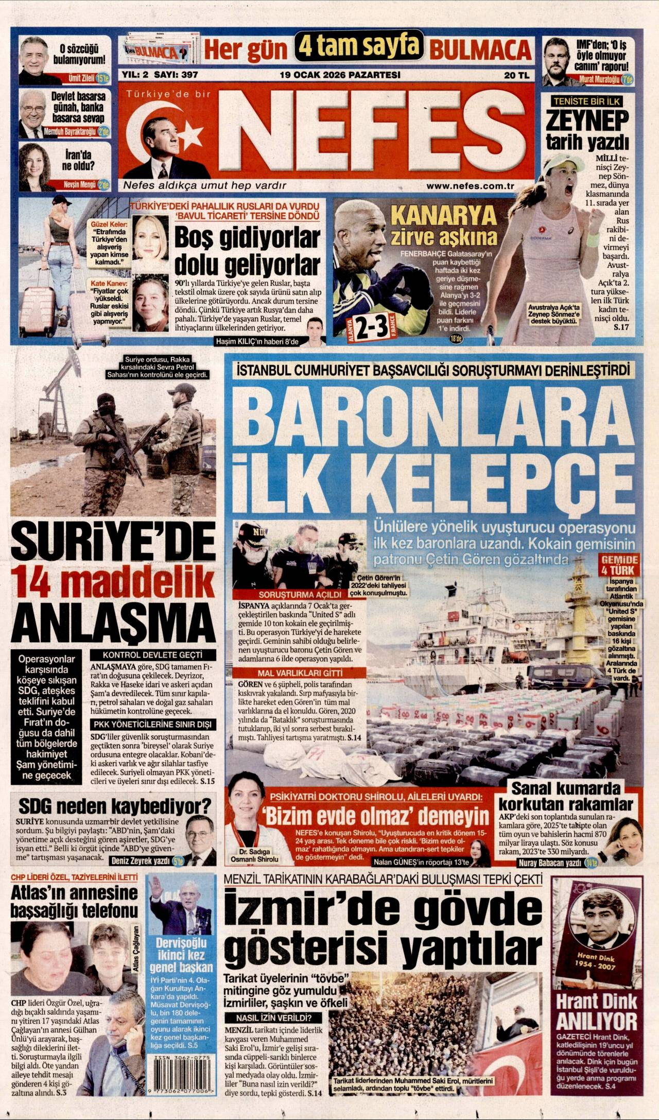 Nefes gazete manşeti 19 Ocak 2026 Pazartesi