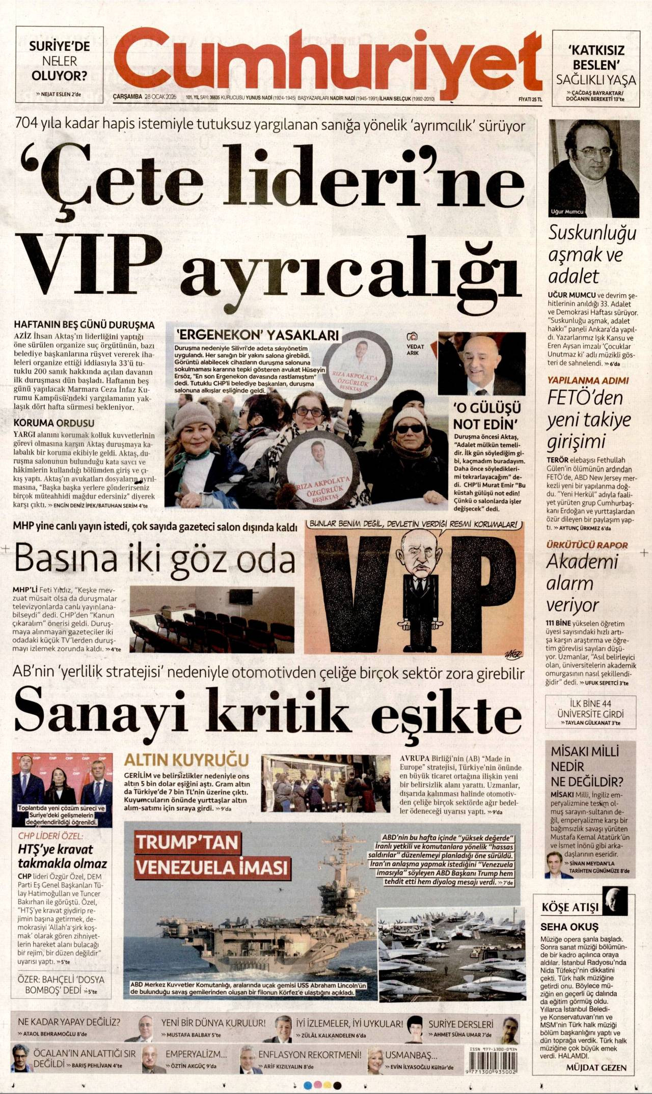 Cumhuriyet gazete manşeti 28 Ocak 2026 Çarşamba