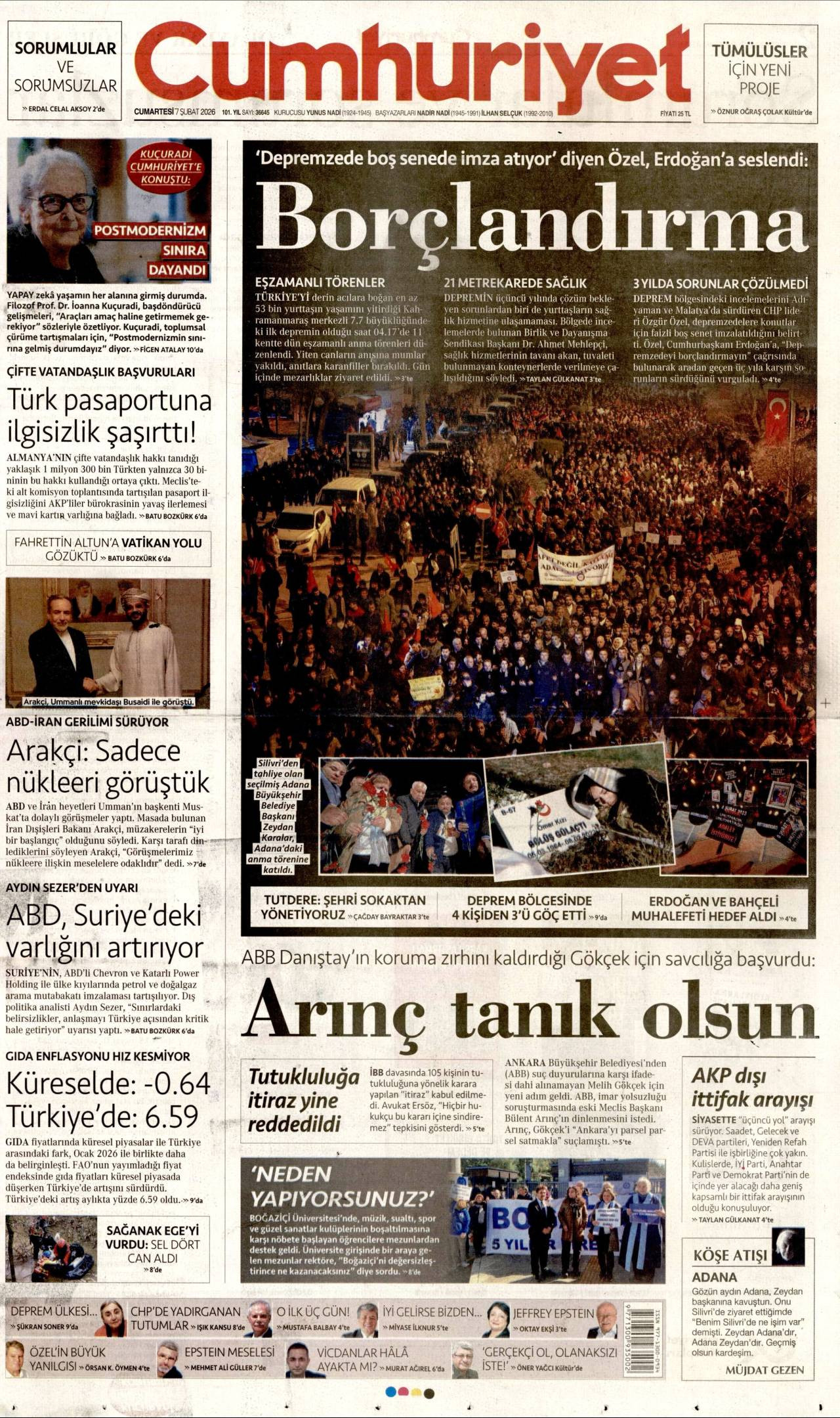 Cumhuriyet gazete manşeti 07 Şubat 2026 Cumartesi