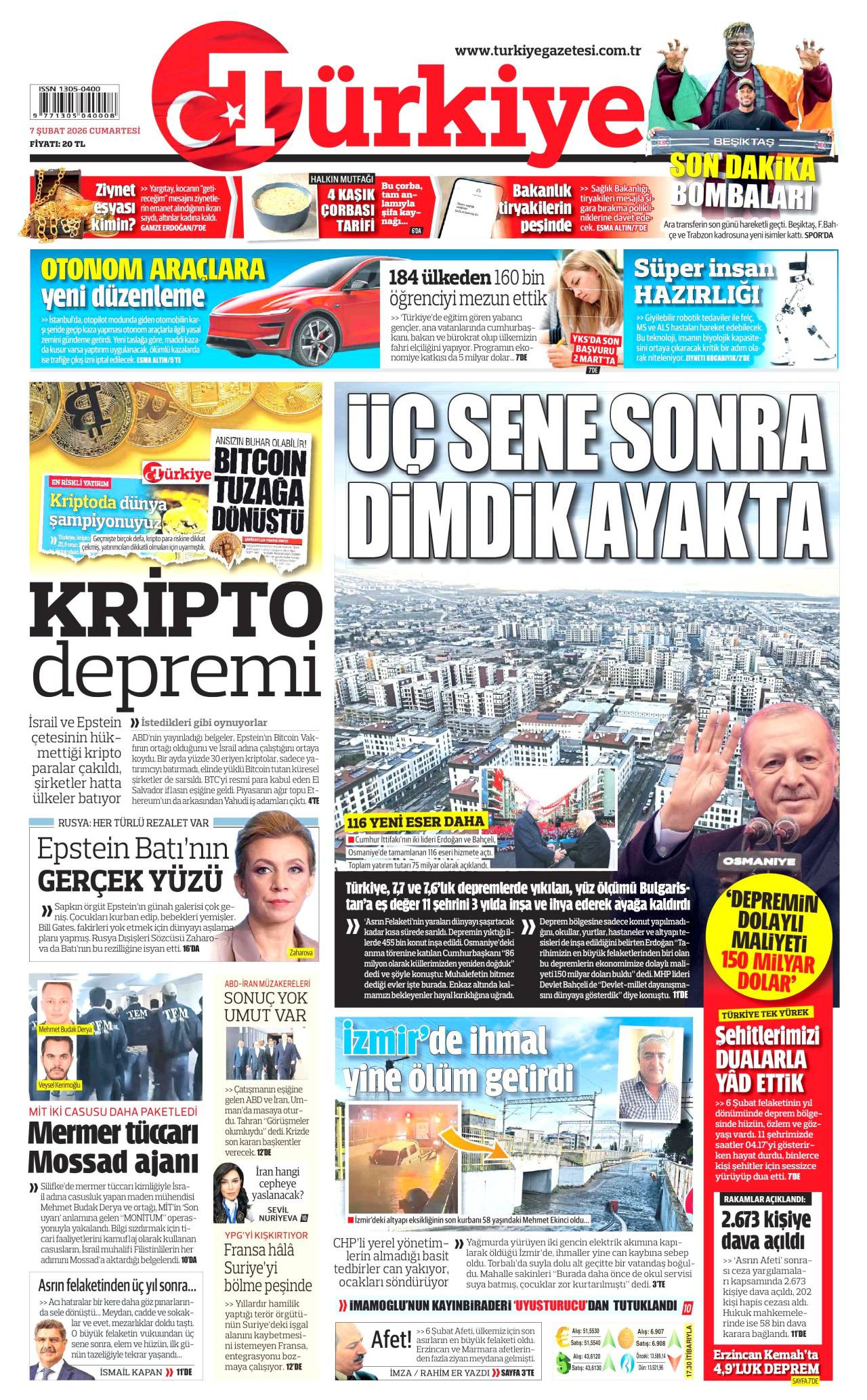 Türkiye gazete manşeti 07 Şubat 2026 Cumartesi