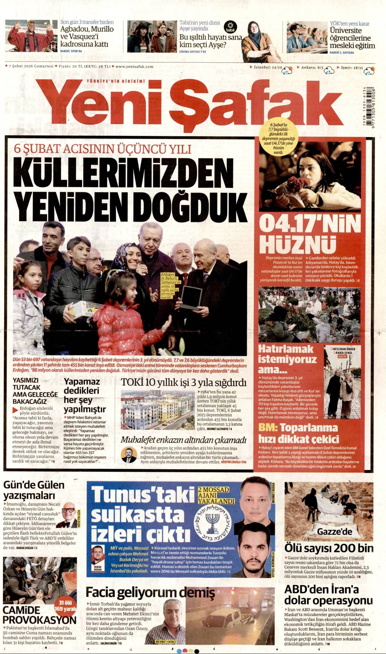 Yeni Şafak gazete manşeti 07 Şubat 2026 Cumartesi