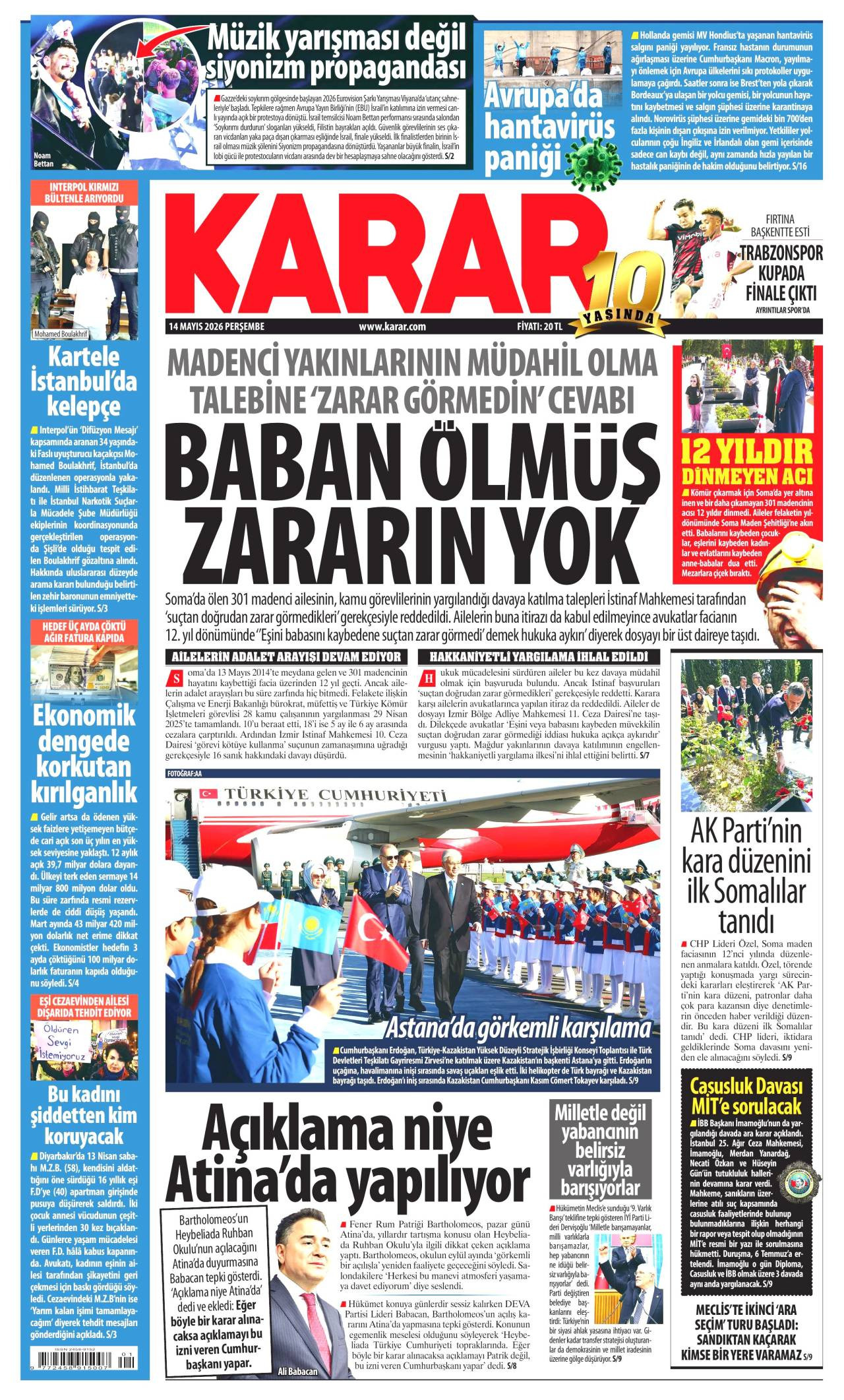 Karar gazete manşeti 14 Mayıs 2026 Perşembe