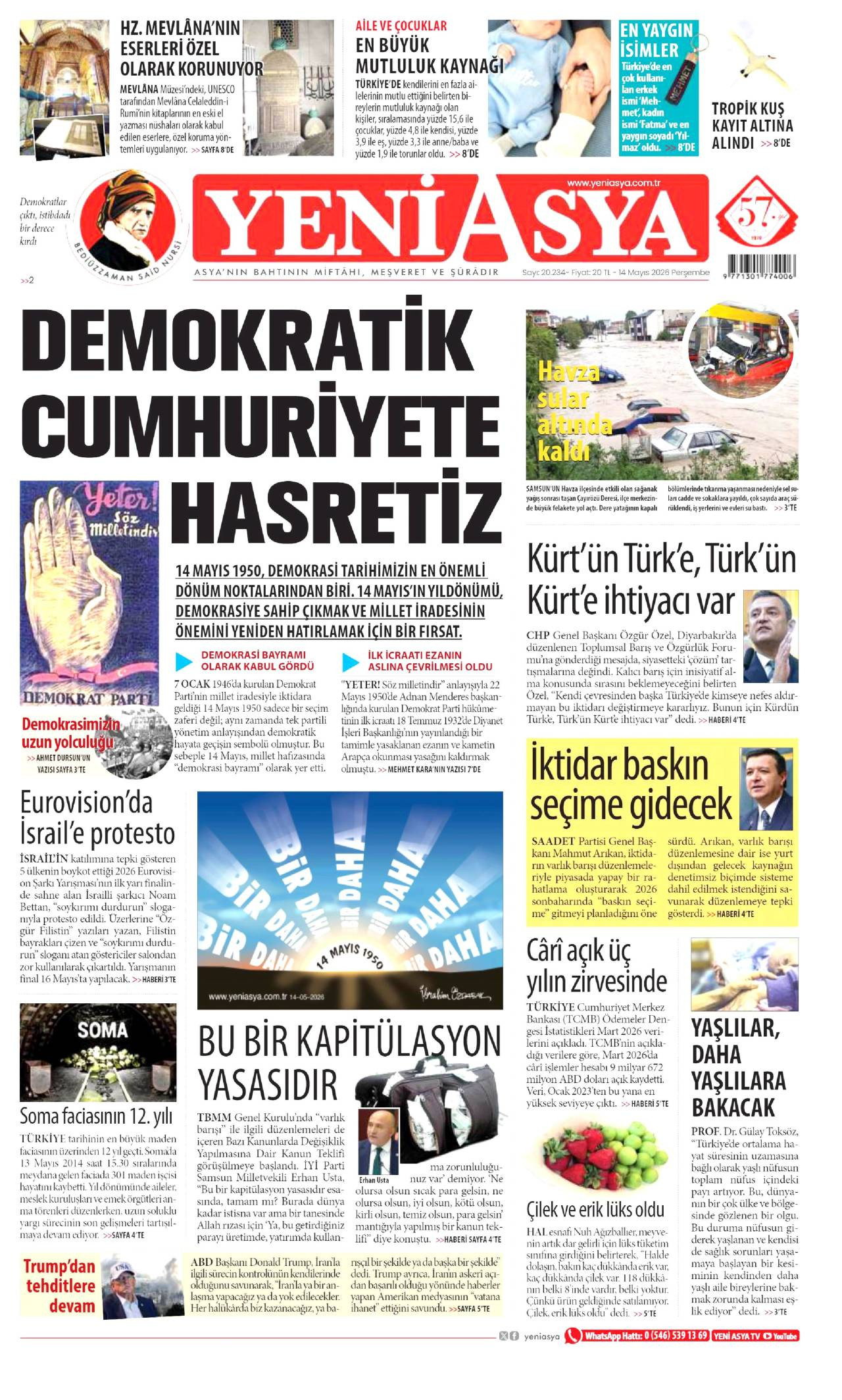 Yeni Asya gazete manşeti 14 Mayıs 2026 Perşembe