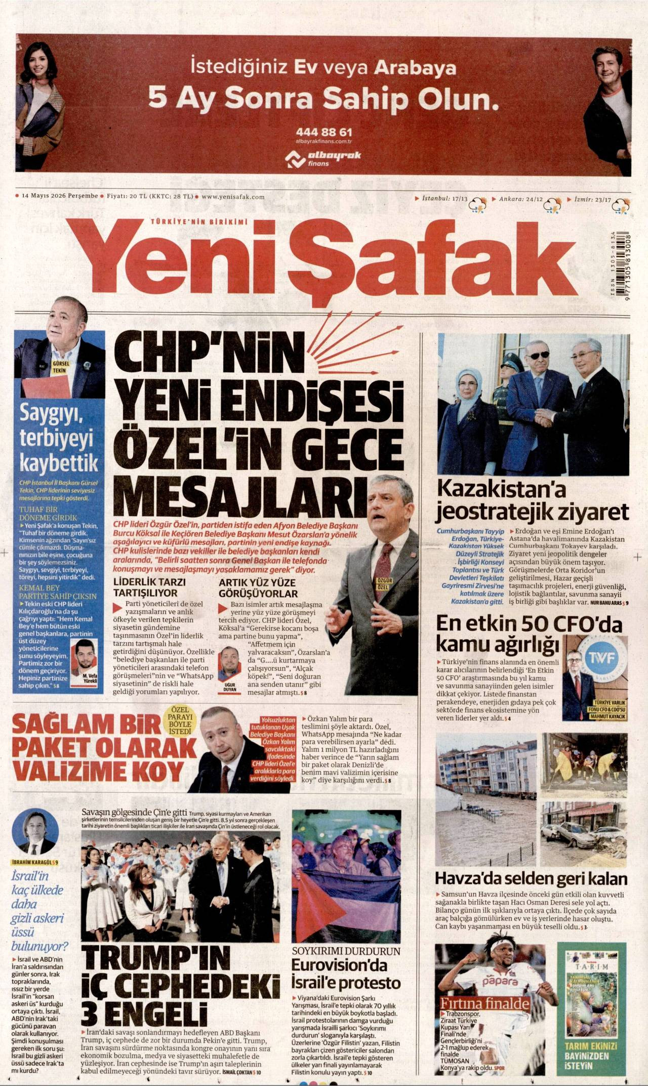 Yeni Şafak gazete manşeti 14 Mayıs 2026 Perşembe