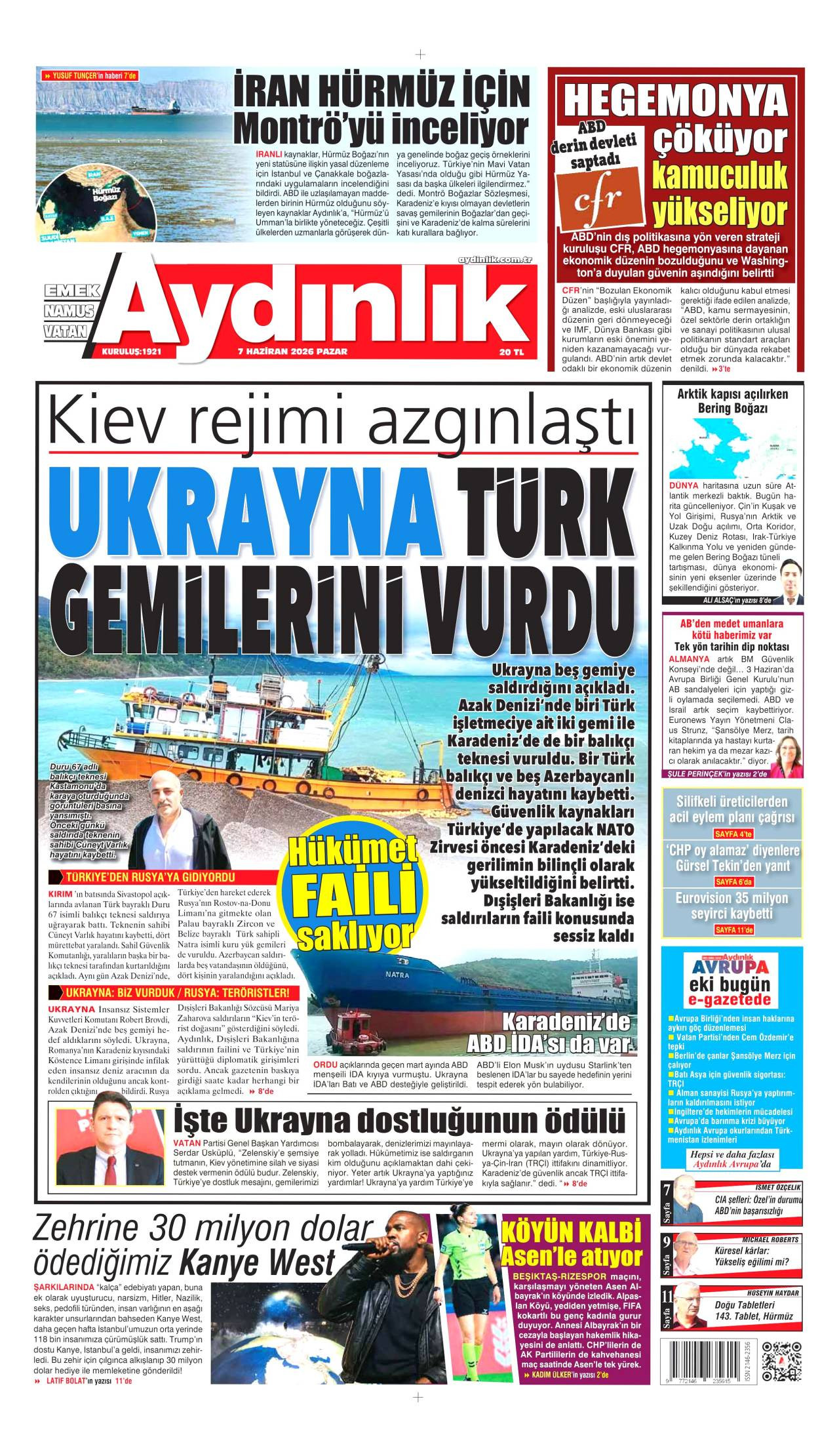 Aydınlık gazete manşeti 07 Haziran 2026 Pazar