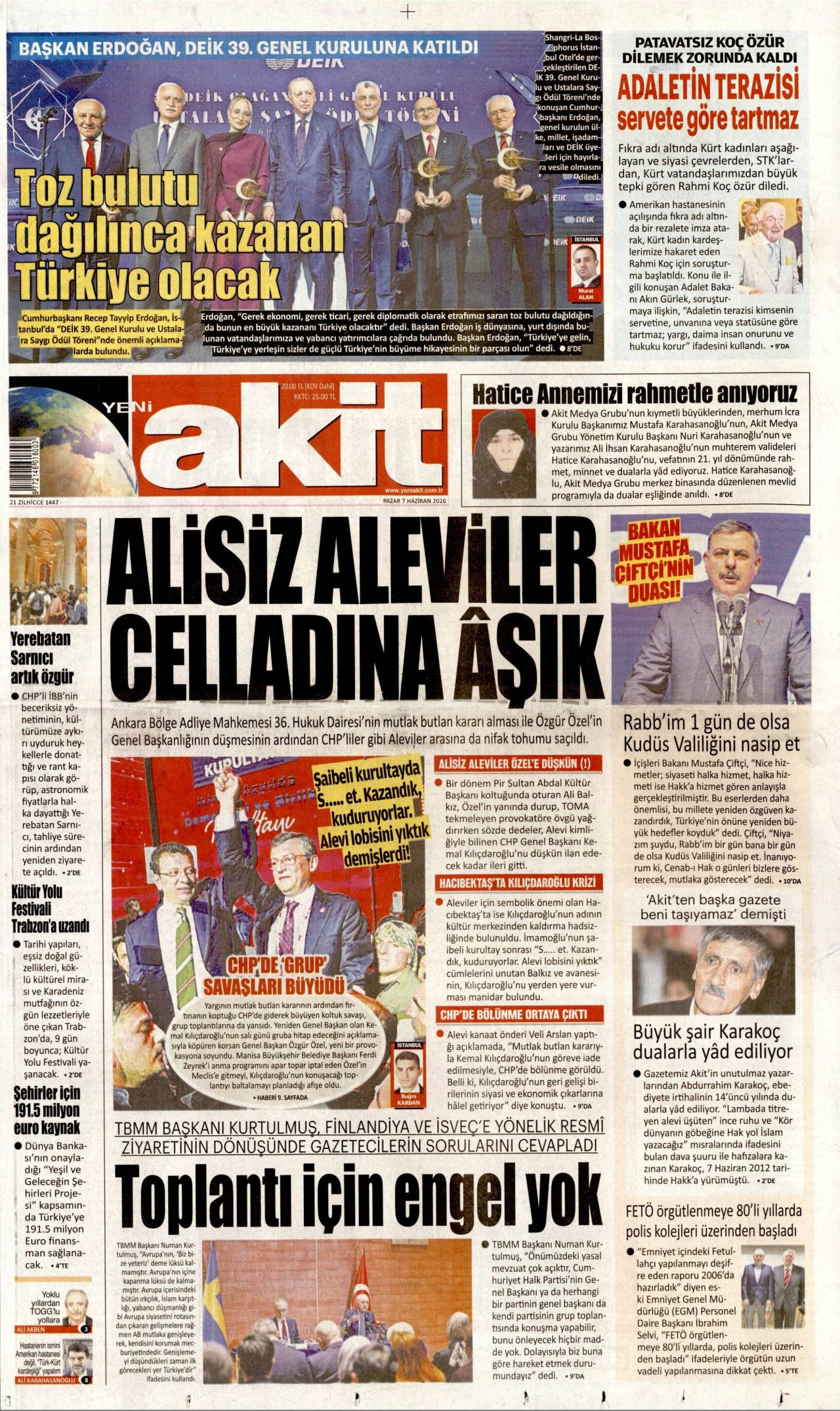 Yeni Akit gazete manşeti 07 Haziran 2026 Pazar