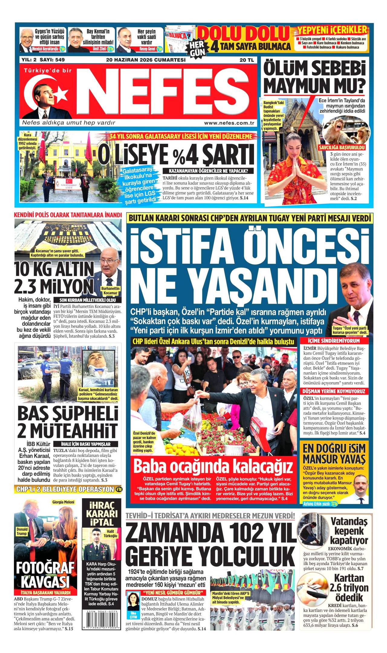 Nefes gazete manşeti 20 Haziran 2026 Cumartesi