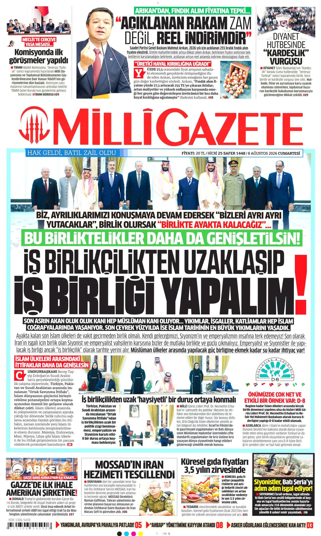 Milli Gazete gazete manşeti 08 Ağustos 2026 Cumartesi