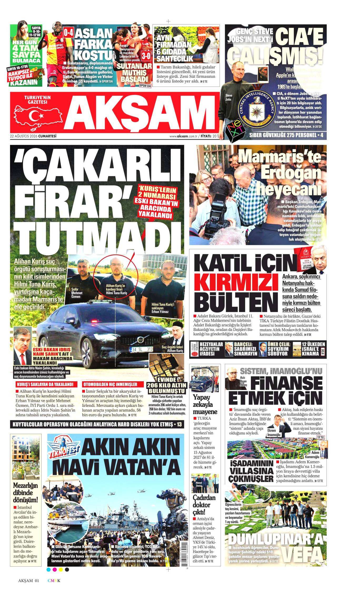 Akşam gazete manşeti 22 Ağustos 2026 Cumartesi